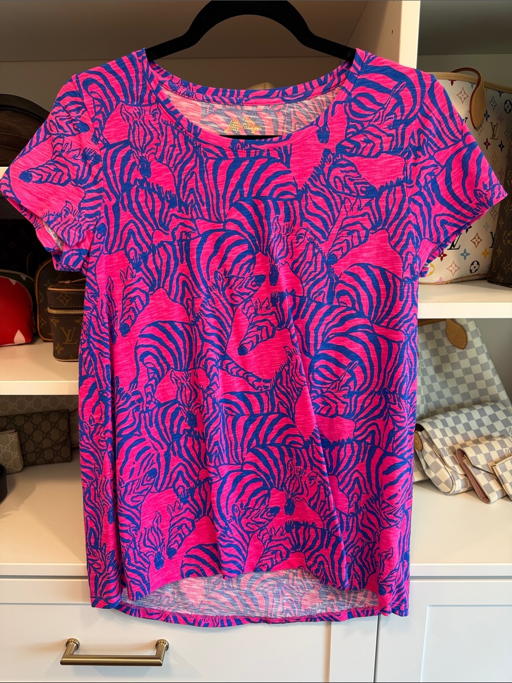 Lilly Pulitzer Pink and Blue Zebra-Print Short Sleeve Top Etta